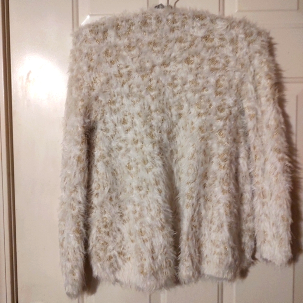 🔸🐇🔸Delightful XOXO Soft Ivory & Gold Lame Plush Furry Sweater Cardigan - M - Picture 11 of 16